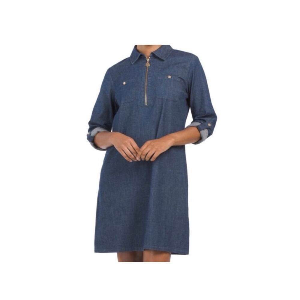 Ann Klein Medium Wash Denim Tabbed Sleeve Shirt Dress Gold Zipper Size 4